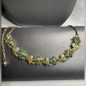 Vintage 16” Collar Necklace Green & White Rhinestones On Golden Leaves Glamorous
